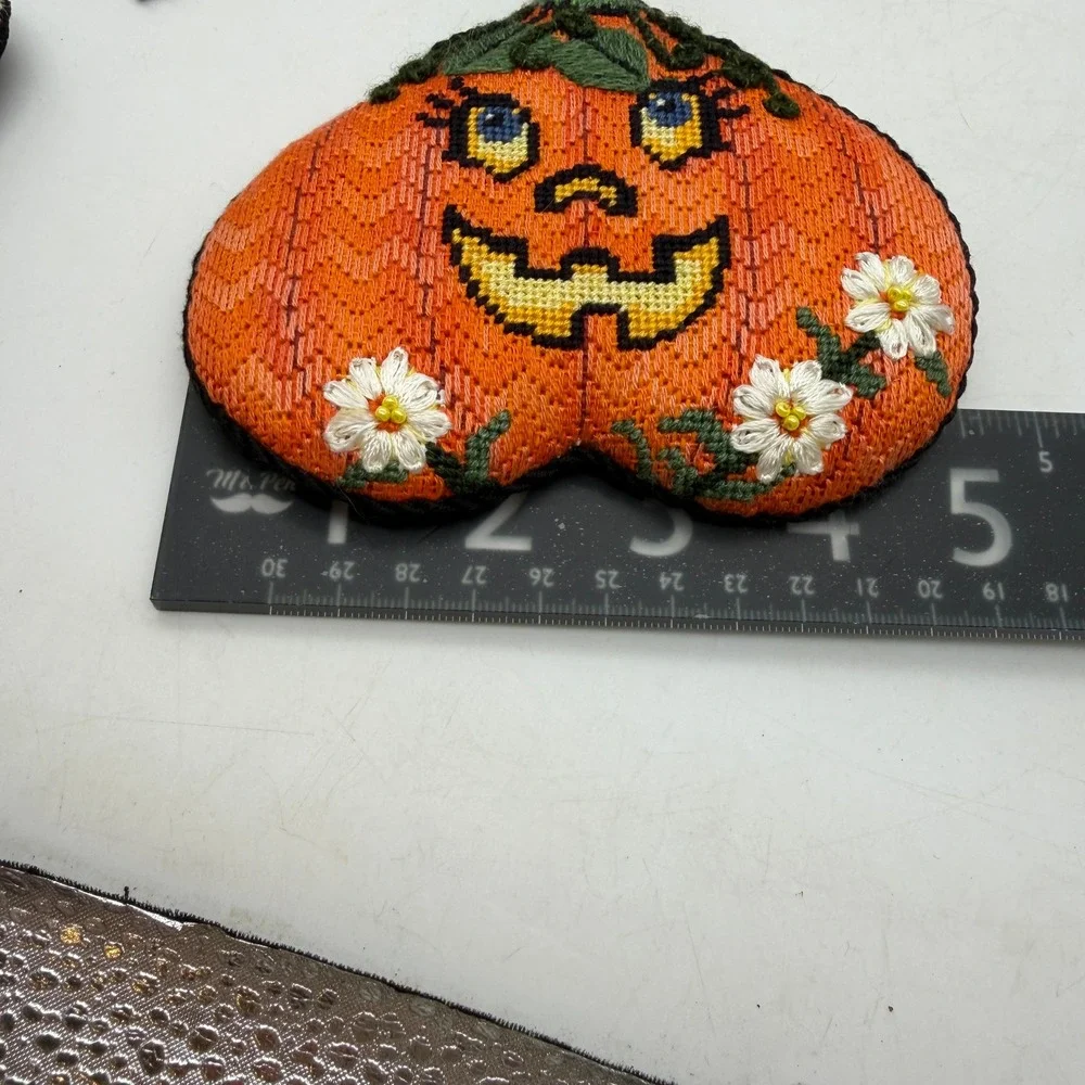 Halloween Needlepoint Ornament Set Witch Pumpkin Bat Ghost 6pc Decor